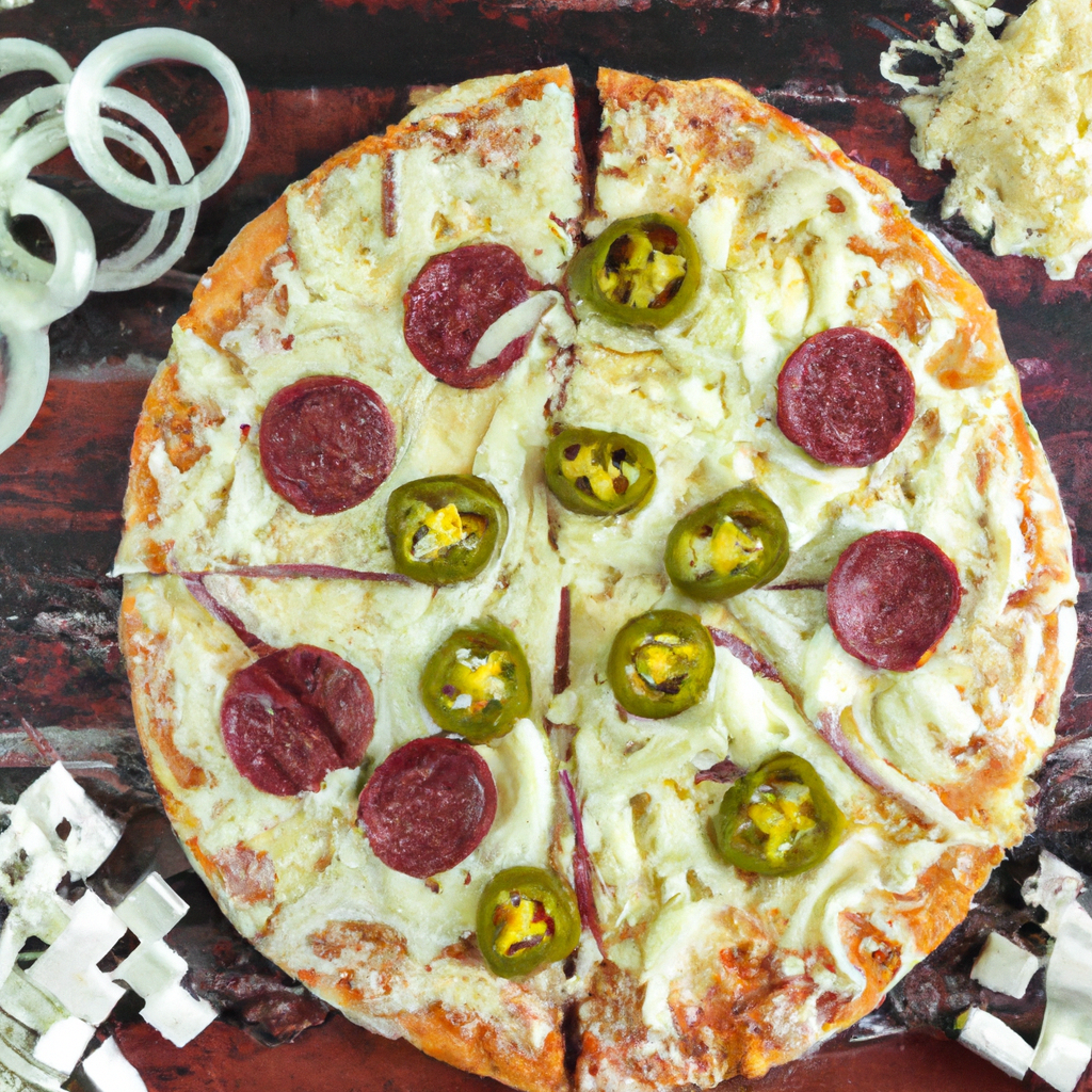 Close-up de pizza con merkén, ajíes y queso derretido sobre masa crujiente